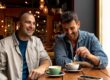 Two men talking in a café.