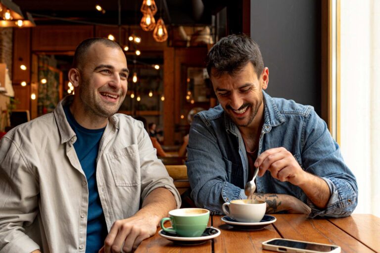 Two men talking in a café.
