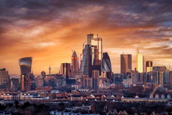 Elevated,,Panoramic,Sunrise,View,Of,The,Skyline,Of,London,City City of London skyline.