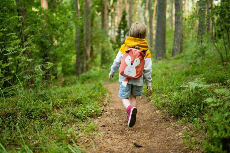 boy with back pack in forest