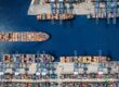 An aerial view of a cargo ship harbour.