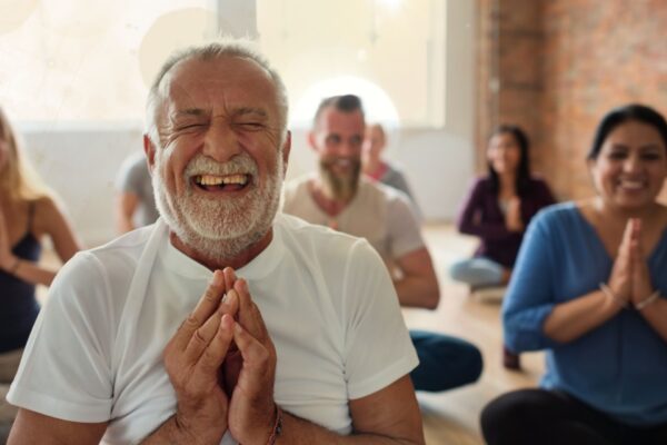 a group of people meditating