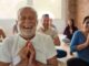 a group of people meditating